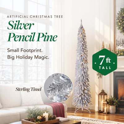 Home Heritage 7 Ft Pencil Artificial Tree, White LED Lights, Silver (For Parts)