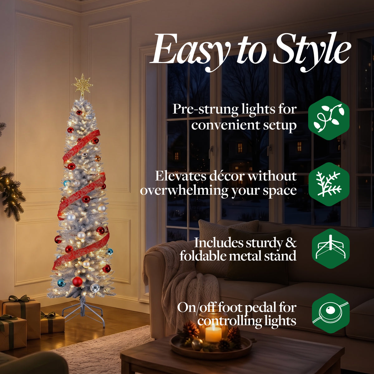 Home Heritage 7 Ft Pencil Artificial Tree, White LED Lights, Silver (For Parts)