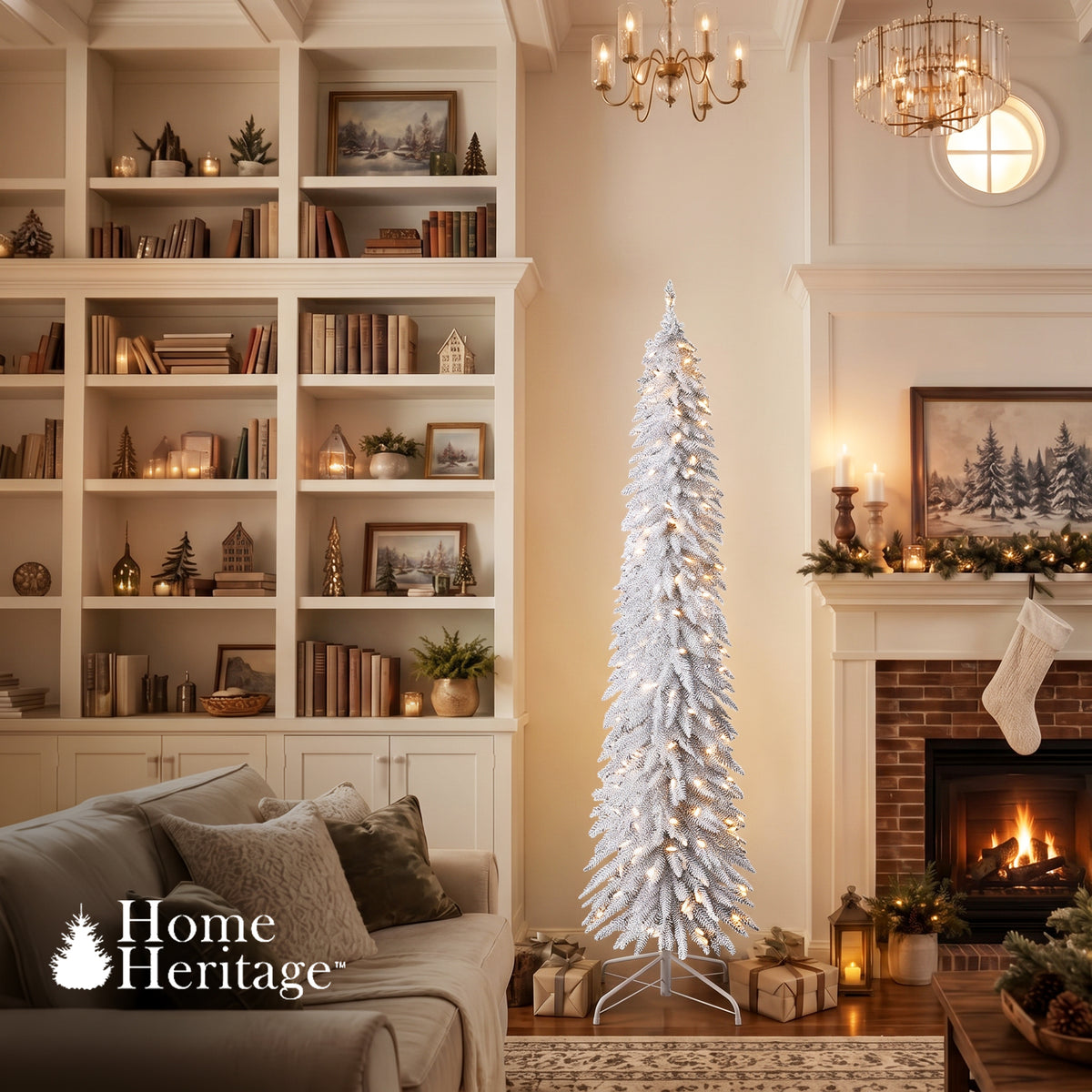 Home Heritage Tinsel 7' Pencil 150 LED Pre-Lit Artificial Christmas Tree, Silver