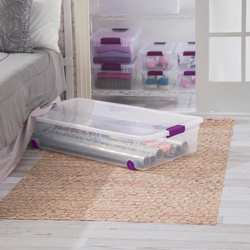 Sterilite 60 Qt ClearView Latch Wheeled Underbed Stackable Storage Box, 4 Pack