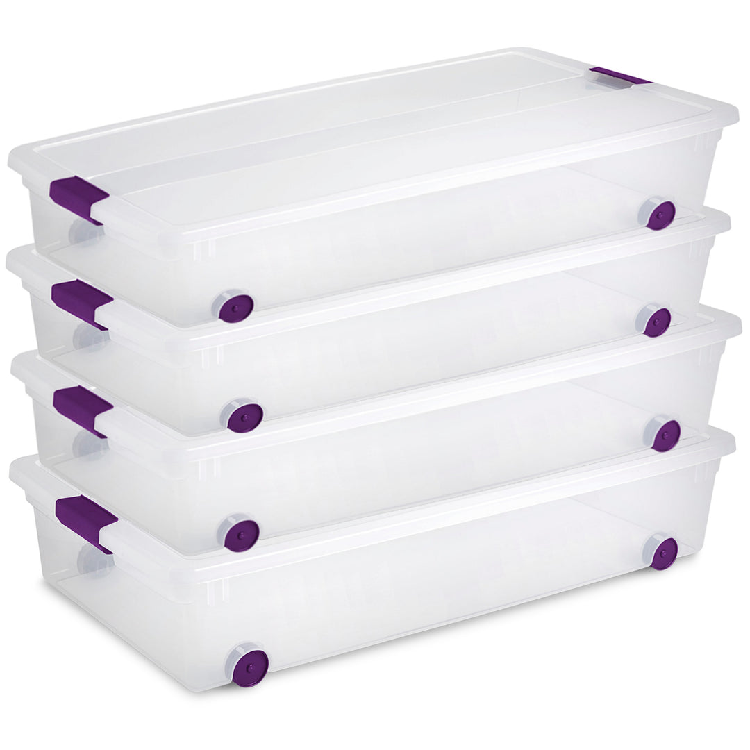 Sterilite 60 Qt ClearView Latch Wheeled Underbed Stackable Storage Box, 4 Pack