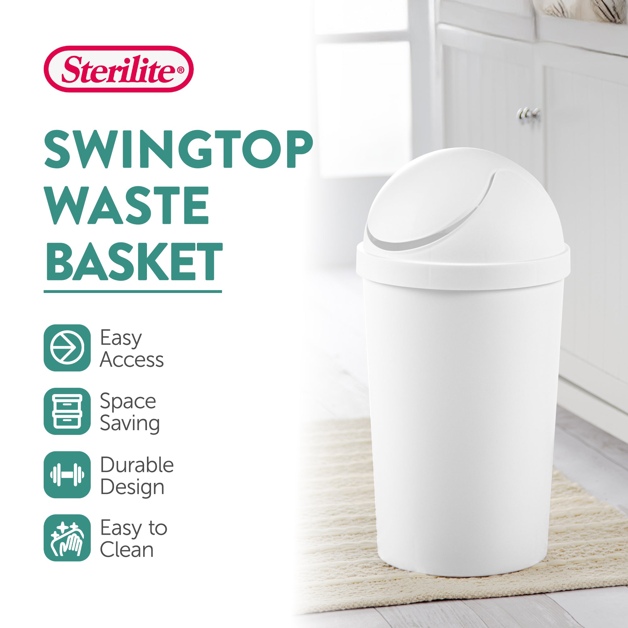 Sterilite 10838006 3 Gallon Round Swing Top Plastic Wastebasket, White (6 Pack) - VMInnovations