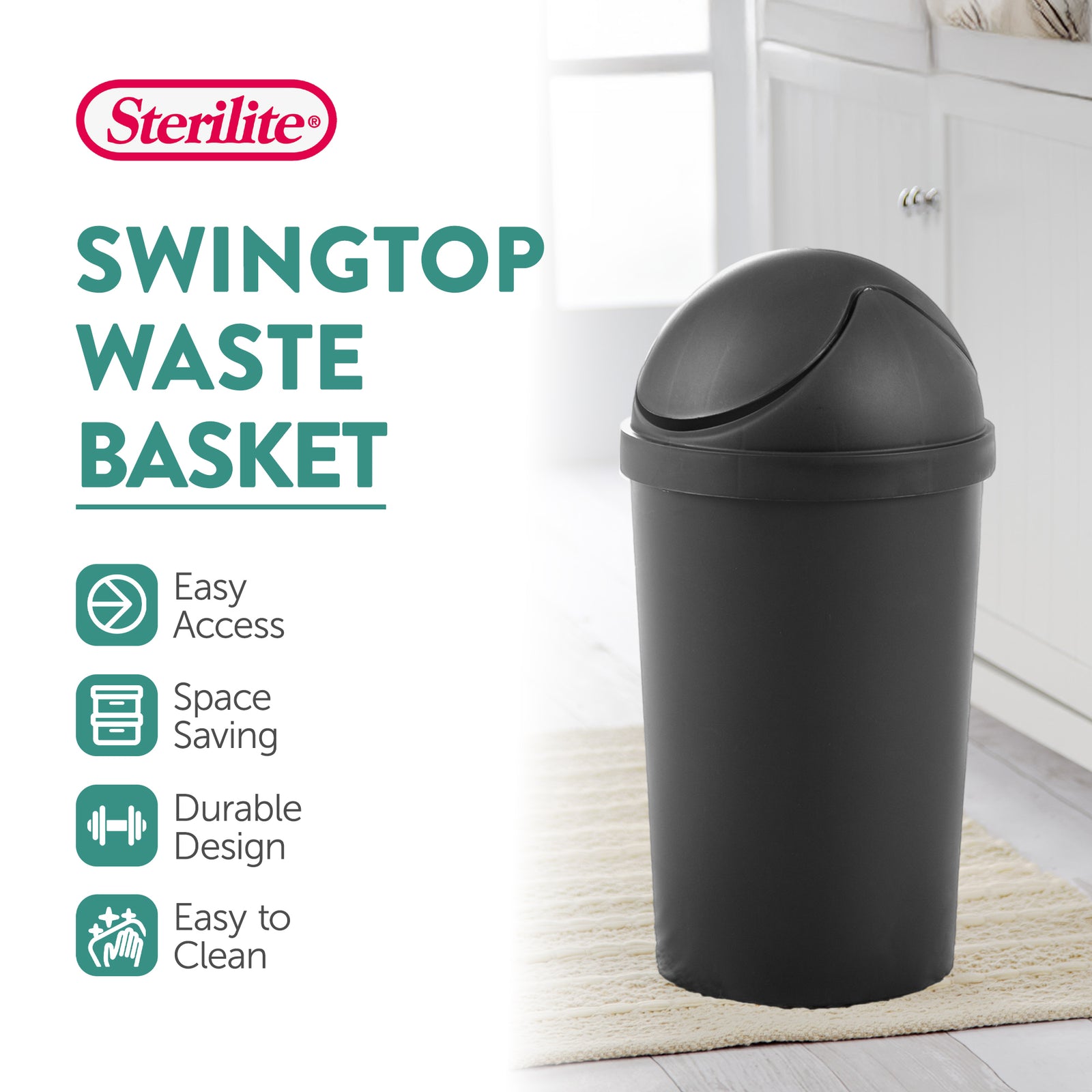 Sterilite SwingTop Wastebasket, 3 Gal Round Trash Can w/Swing Lid, 6 Pack, Black - VMInnovations