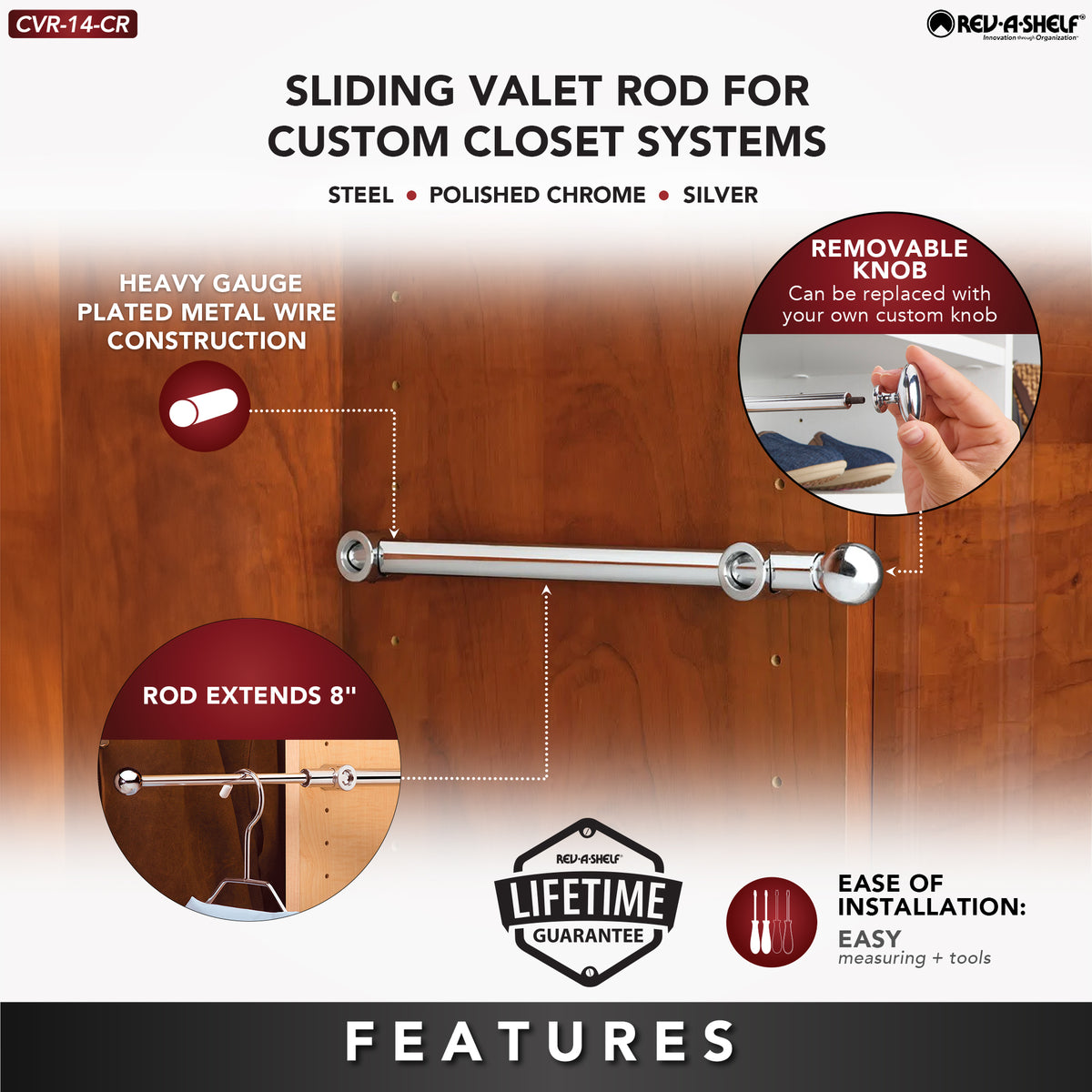 Rev-A-Shelf CVR-14-CR 14" Extendable Designer Closet Valet Rod, Chrome(Open Box)