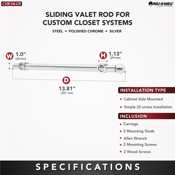 Rev-A-Shelf 14" Extendable Metal Designer Closet Valet Rod, Chrome, CVR-14-CR