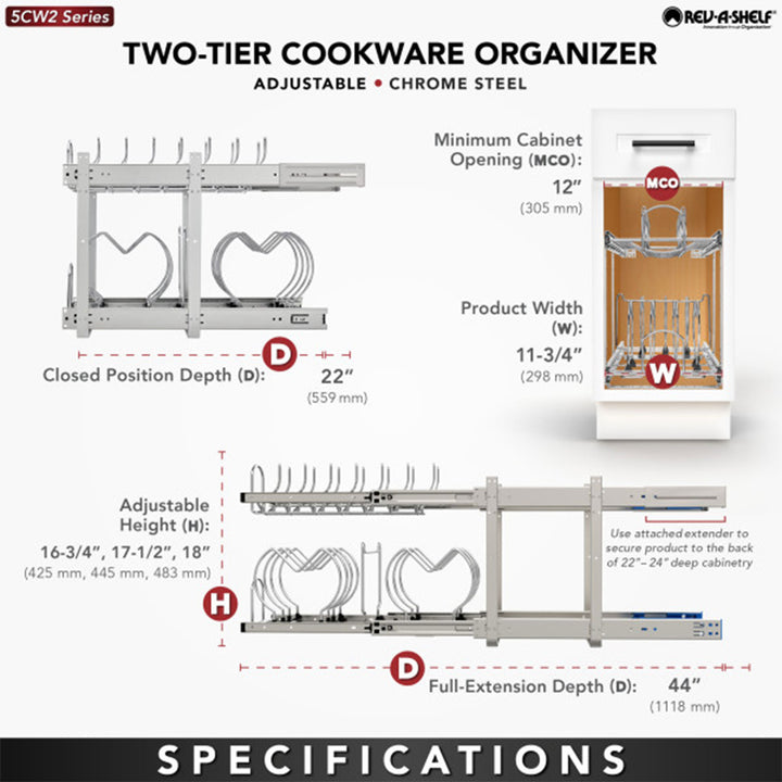 Rev-A-Shelf Pullout Cabinet Pot and Pan Organizer, 11.75" Width, 5CW2-1222-CR