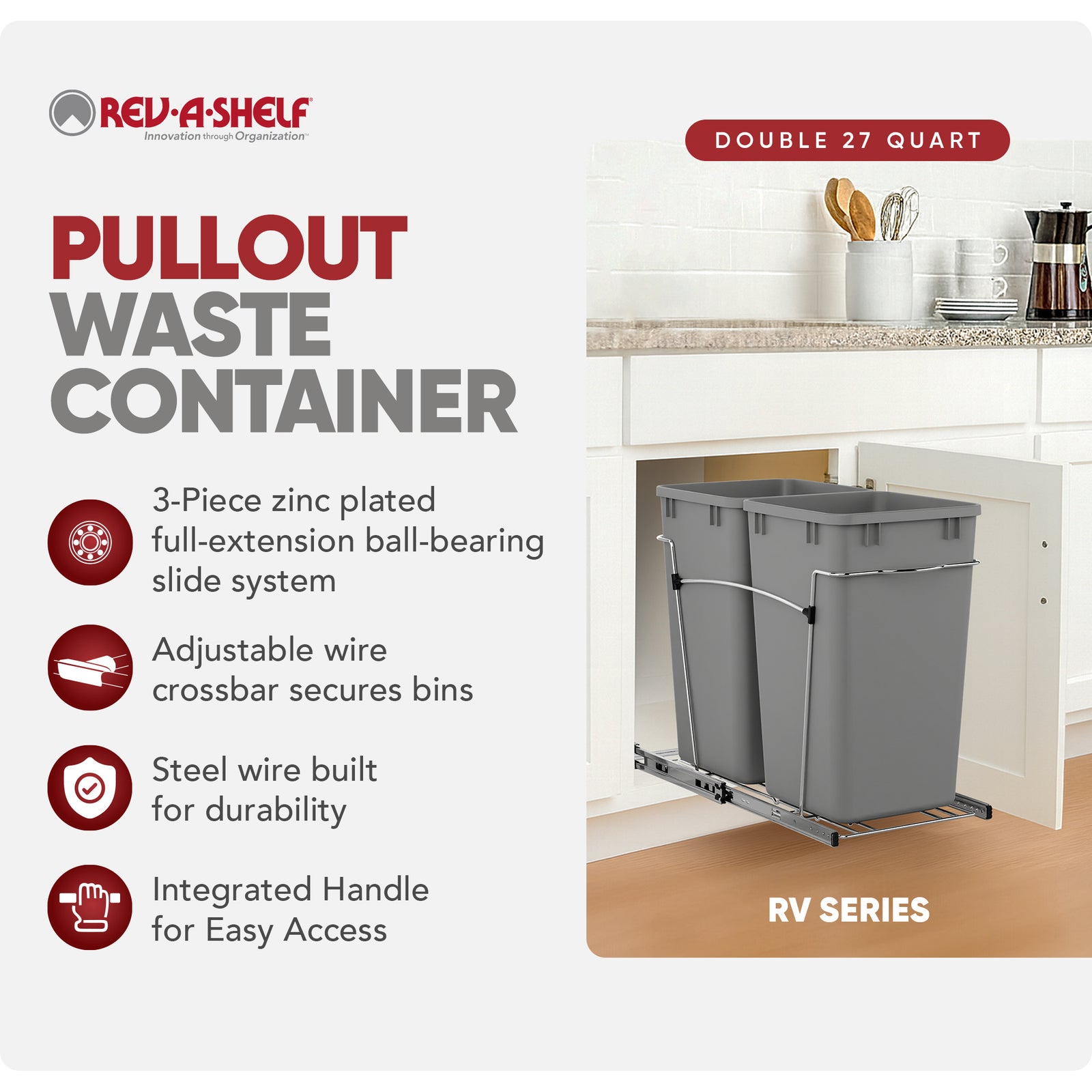 Rev-A-Shelf Double Pullout Trash Cans 27 qt. for Kitchen, Silver, RV-15KD-17C S - VMInnovations