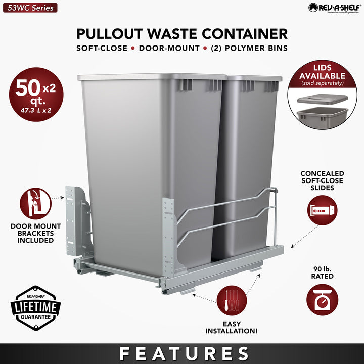 Rev-A-Shelf Double Pullout Trash 50 qt. with Soft-close, 53WC-2150SCDM-217