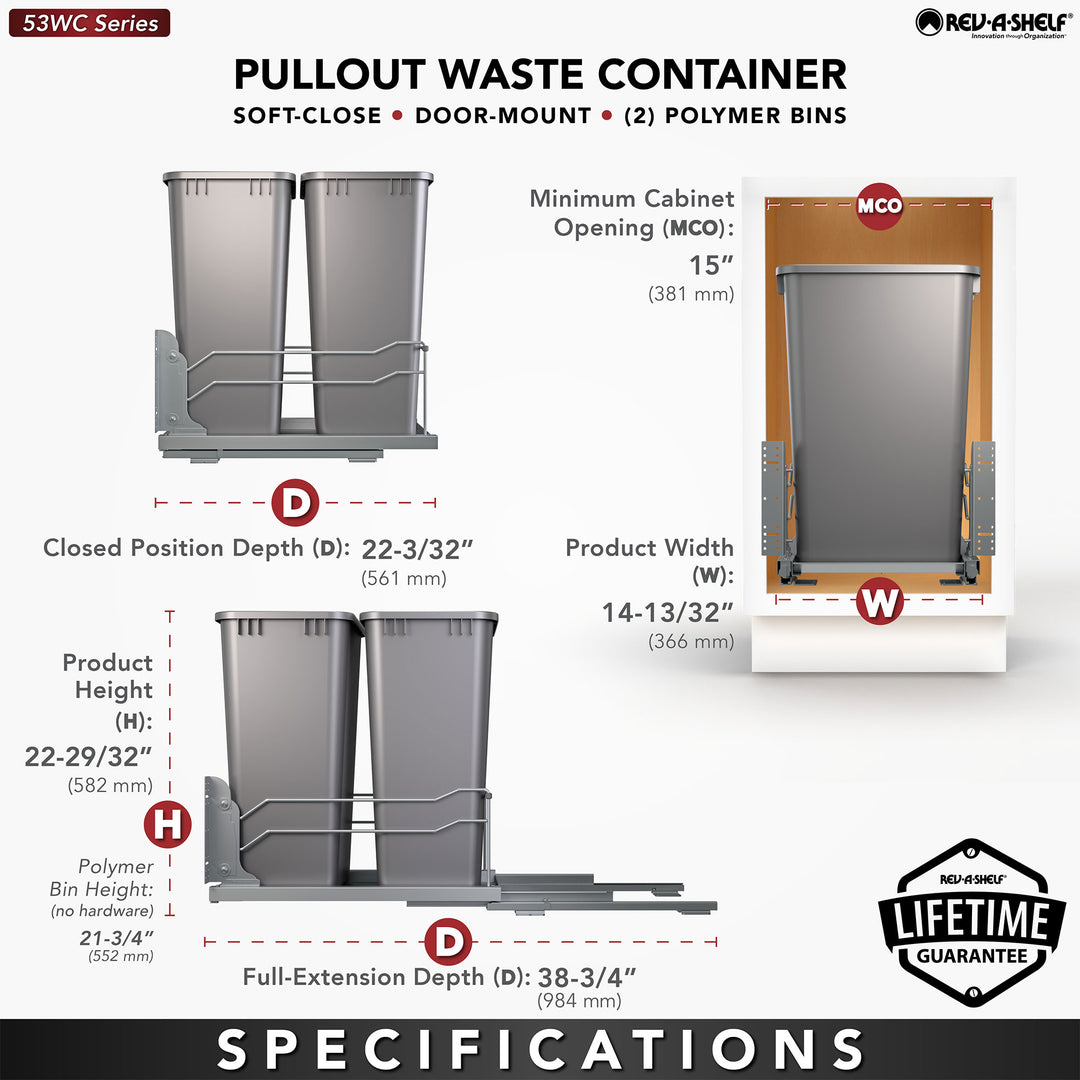 Rev-A-Shelf Double Pullout Trash 50 qt. with Soft-close, 53WC-2150SCDM-217
