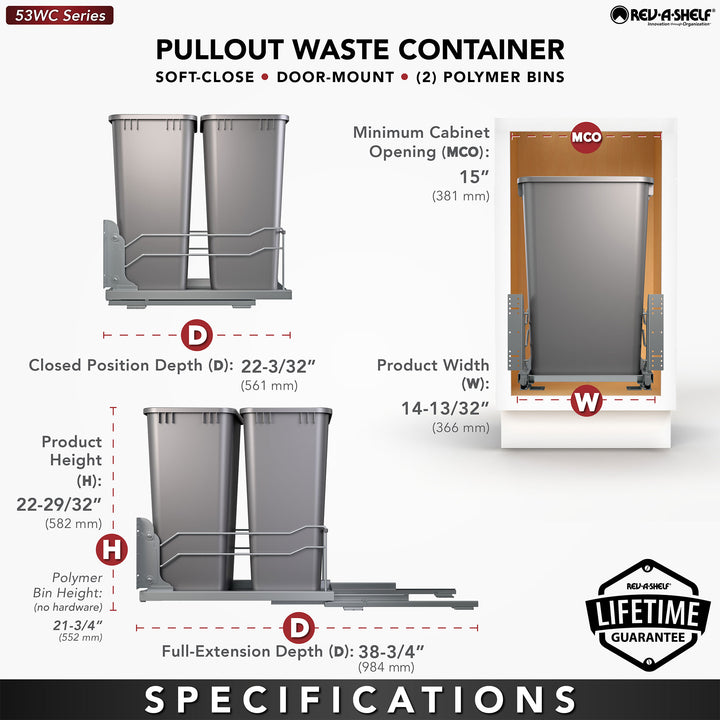 Rev-A-Shelf Double Pullout Trash 50 qt. with Soft-close, 53WC-2150SCDM-217