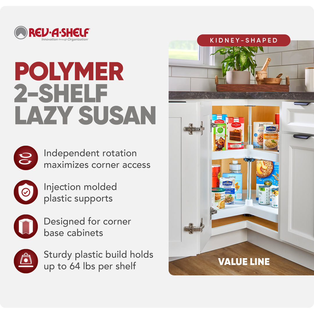 Rev-A-Shelf 28'' Lazy Susan Kidney Polymer 2-Shelf, White, 3472-28-11-52