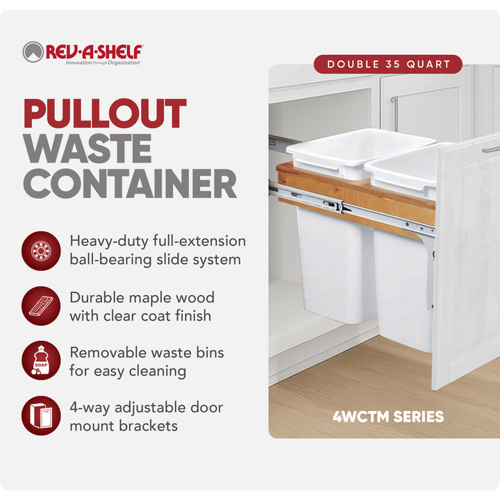 Rev-A-Shelf Double Pullout Top Mount Trash Can 35 qt., White, 4WCTM-18DM2
