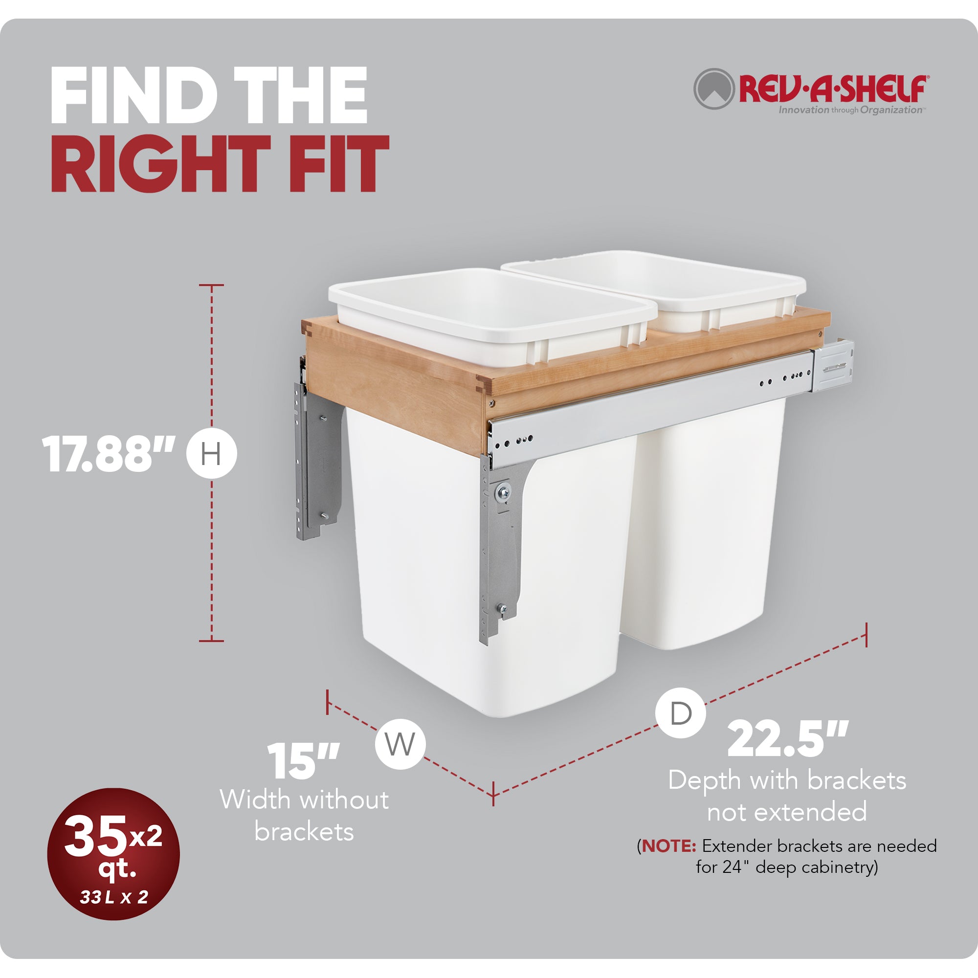 Rev-A-Shelf Double Pullout Top Mount Trash Cans & Single Lid - 35 qt., White