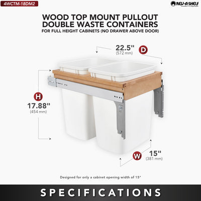 Rev-A-Shelf Double Pullout Top Mount Trash Can 35 qt., White, 4WCTM-18DM2