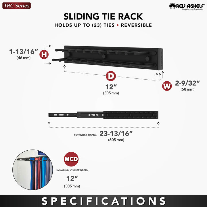 Rev-A-Shelf 12" Side Mount Extending Tie Organization Rack, Chrome, TRC-12CR