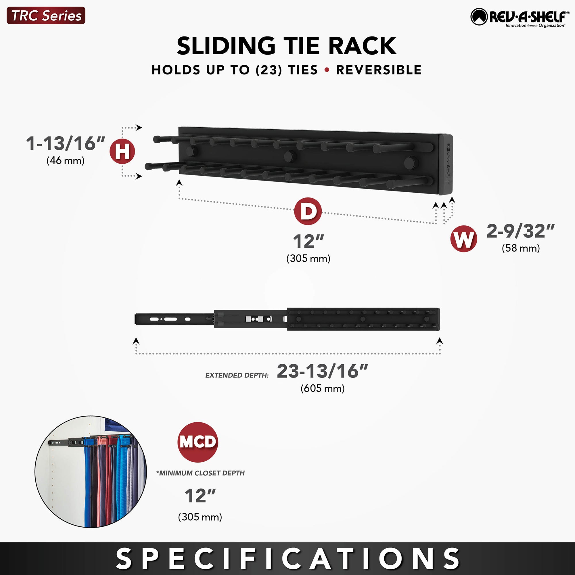 Rev-A-Shelf TRC-12CR 12-Inch Side Mount Extending Tie Rack, Chrome (Used)