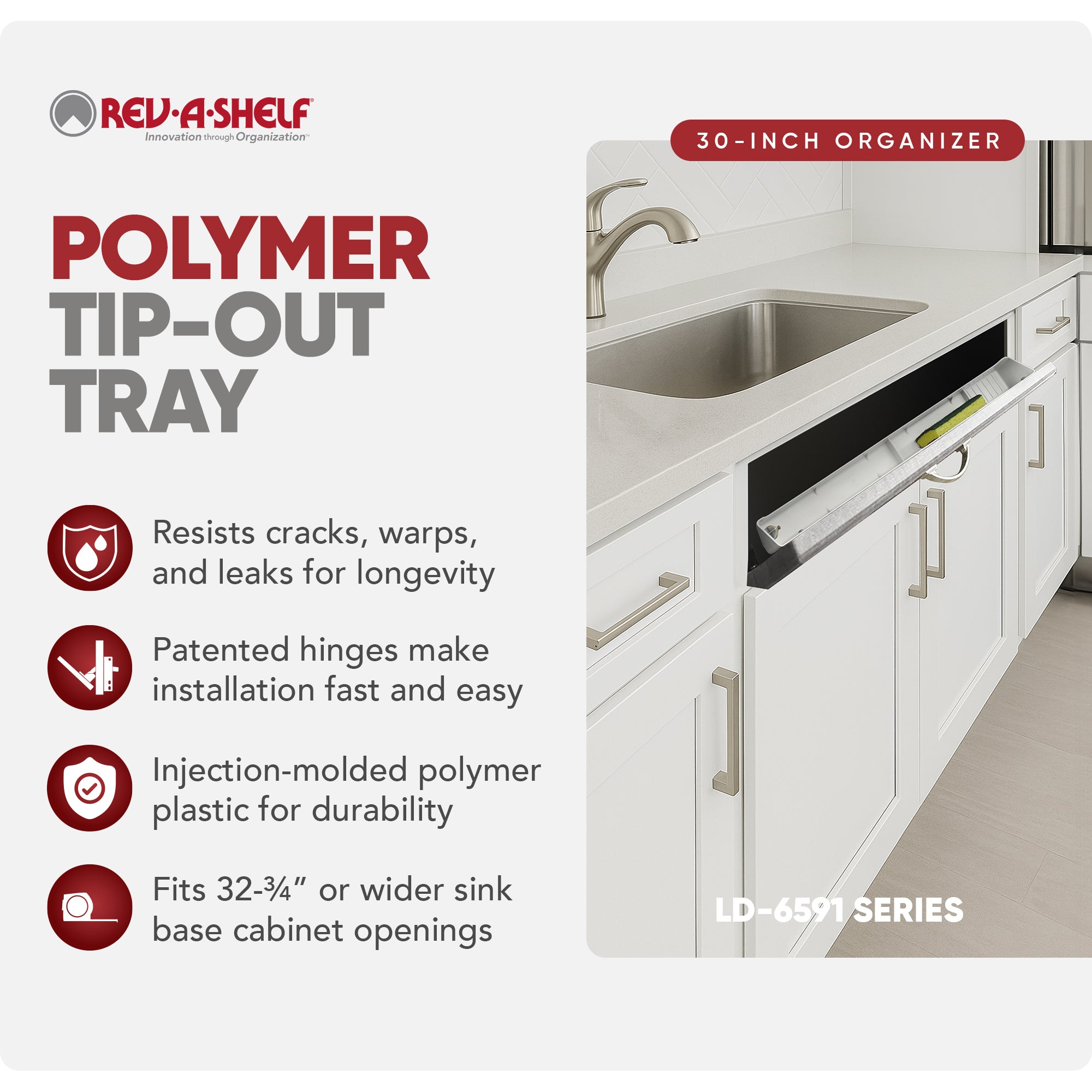 Rev-A-Shelf 30'' Kitchen Tip-Out Tray Polymer, Plastic, White, LD-6591-30-11-1