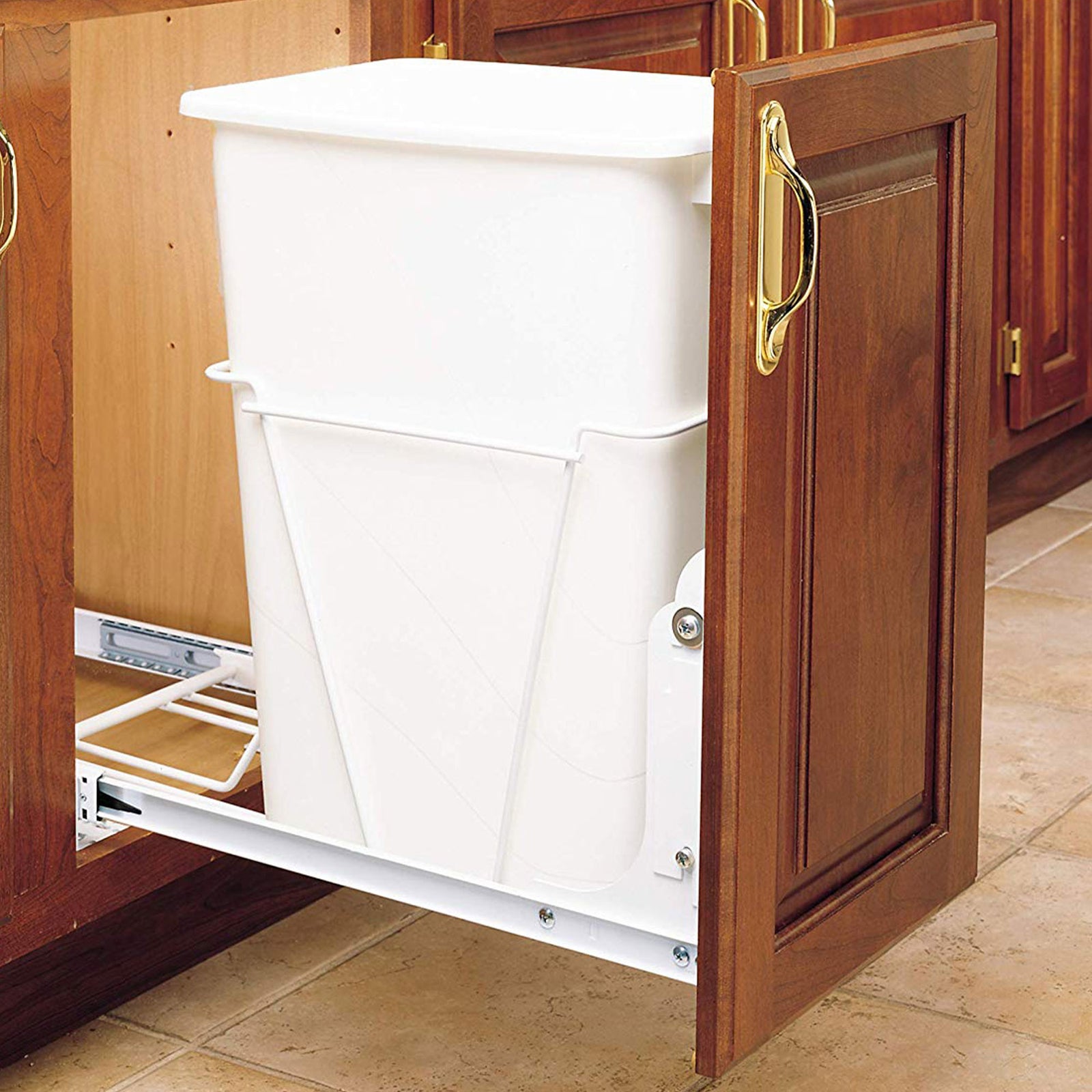 Rev-A-Shelf Single Pullout 35 qt. Sliding Trash Can for Kitchen Cabinet, RV-12PB - VMInnovations