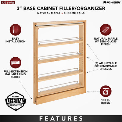 Rev-A-Shelf 432-BF-3C 3" Cabinet Base Filler Pullout Organizer, Maple (Open Box)