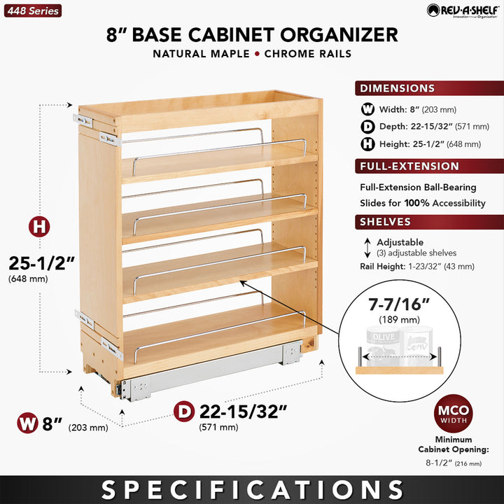 Rev-A-Shelf 8" Pullout Kitchen Cabinet Organizer Pantry Spice Rack, 448-BC-8C