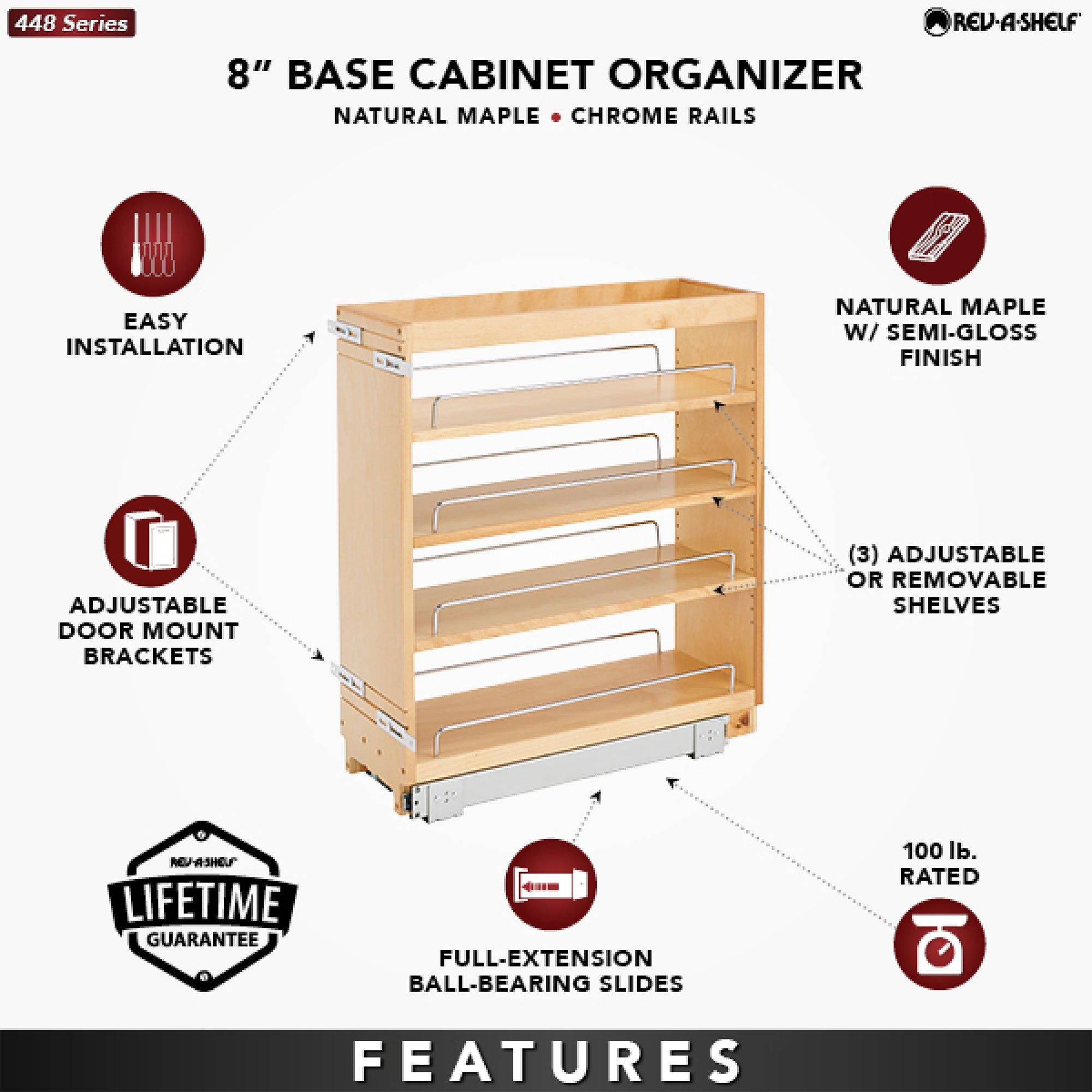 Rev-A-Shelf 448-BC-8C 8" Pullout Wood Kitchen Cabinet Organizer Rack (Open Box)