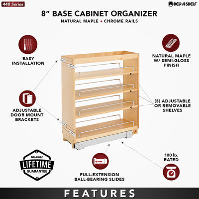 Rev-A-Shelf 448-BC-8C 8" Pullout Wood Kitchen Cabinet Organizer Rack (Open Box)