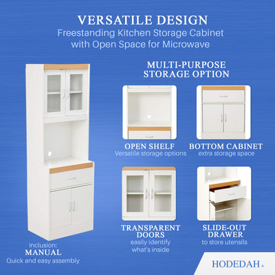 Hodedah Freestanding Kitchen Storage Cabinet w/ Open Space for Microwave, White (Refurbished)