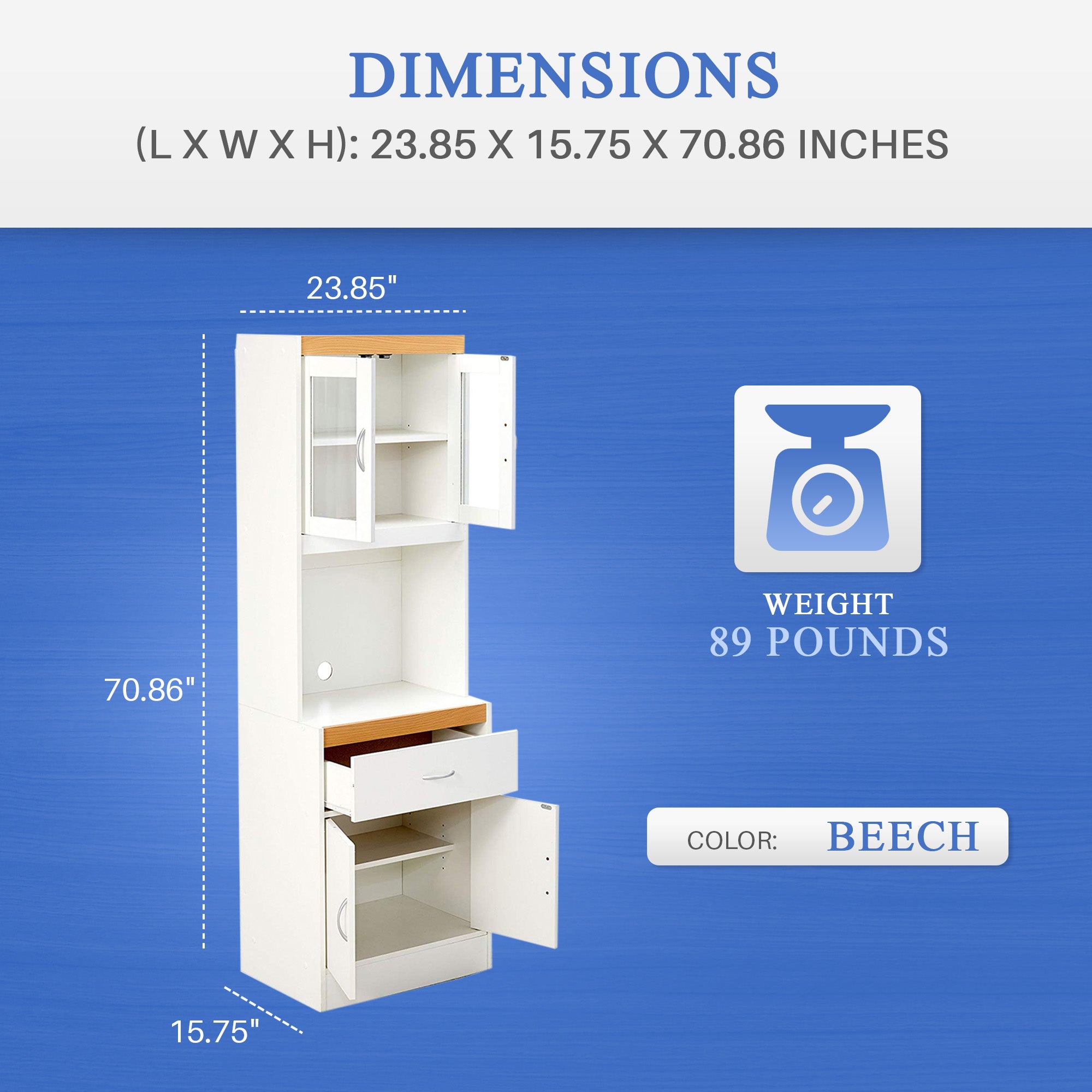Hodedah Kitchen Storage Cabinet w/ Open Space for Microwave, White (Open Box) - VMInnovations