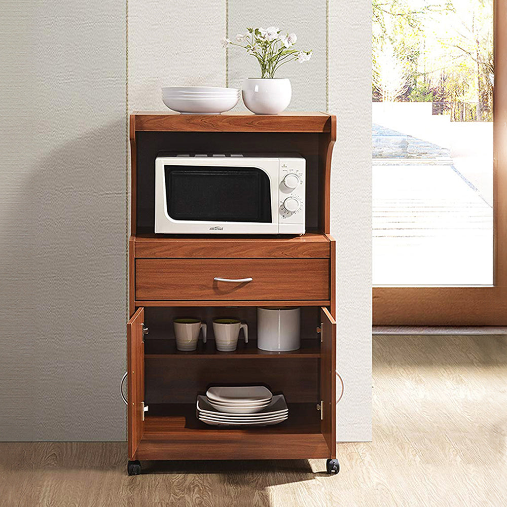 Hodedah Kitchen Dining Room Microwave Shelf Storage Cart with Wheels, Cherry
