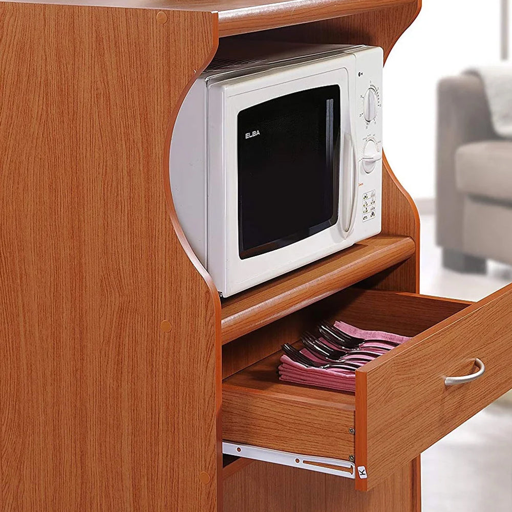 Hodedah Kitchen Dining Room Microwave Shelf Storage Cart with Wheels, Cherry