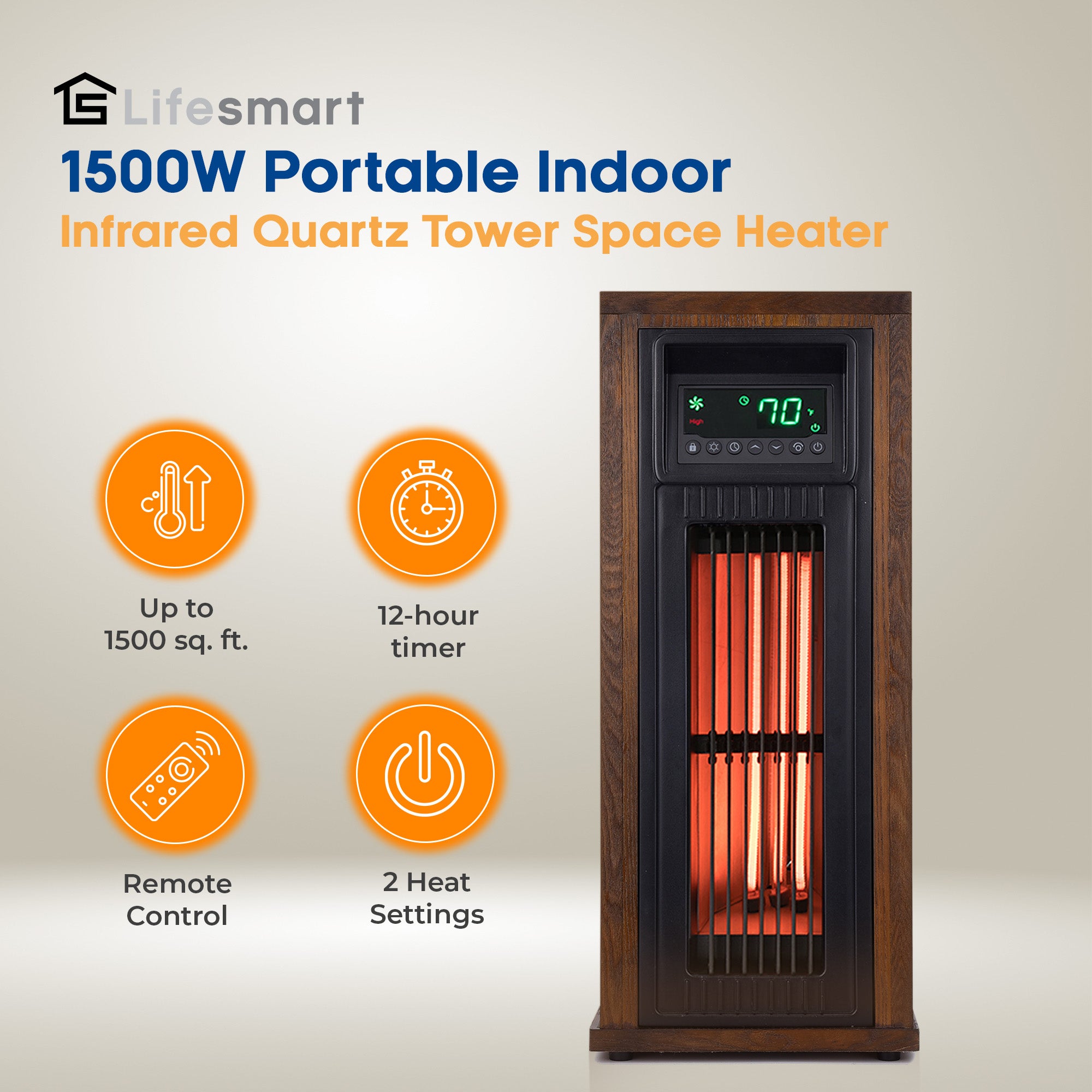 LifeSmart LifePro 1500W Portable Indoor 23" Infrared Quartz Tower Space Heater - VMInnovations