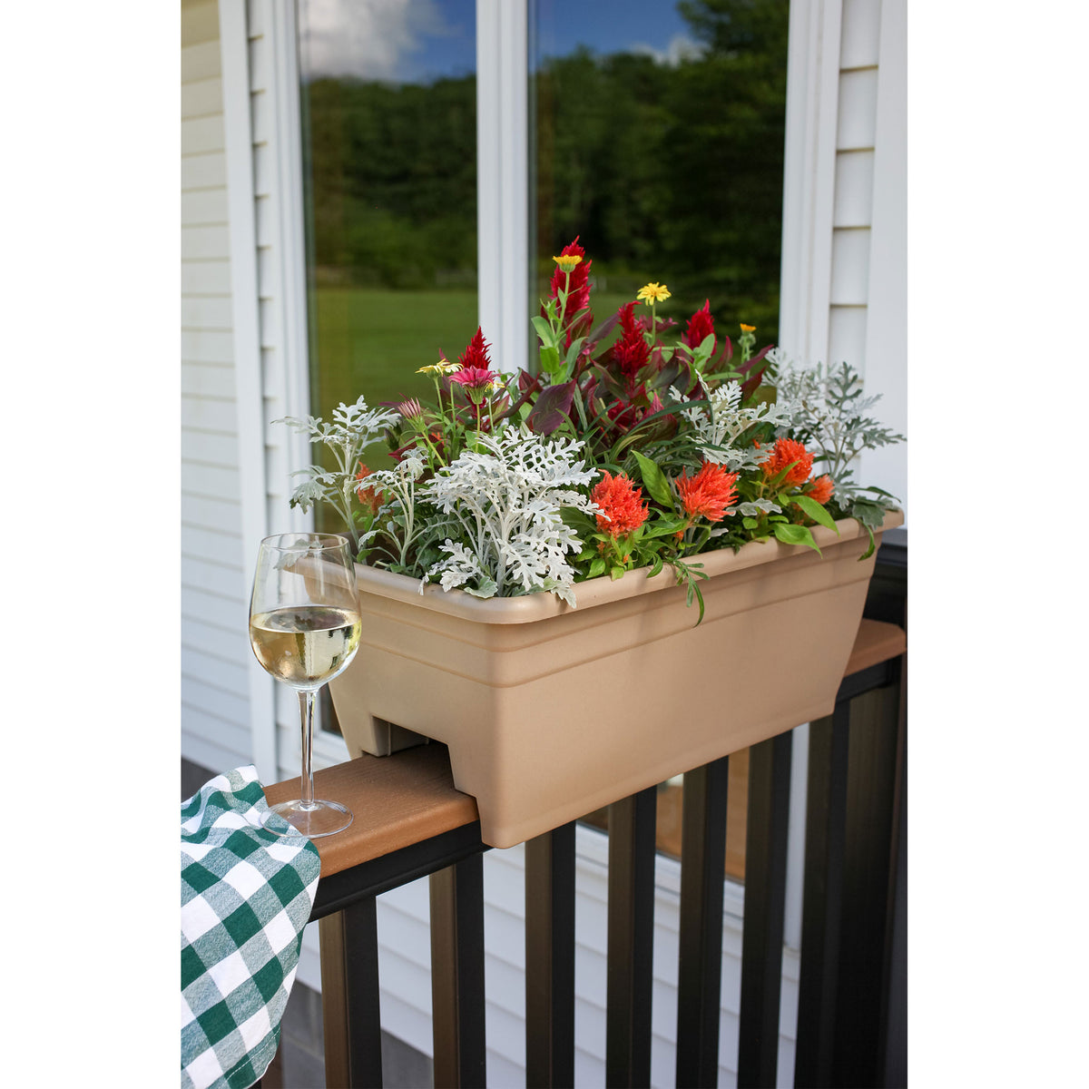 HC Companies heavy duty 24-Inch Width Deck Rail Box Planter, White w/ plugs