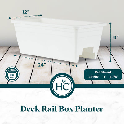 HC Companies Heavy Duty 24 Inch Deck Rail Box Planter with Drainage Holes, White