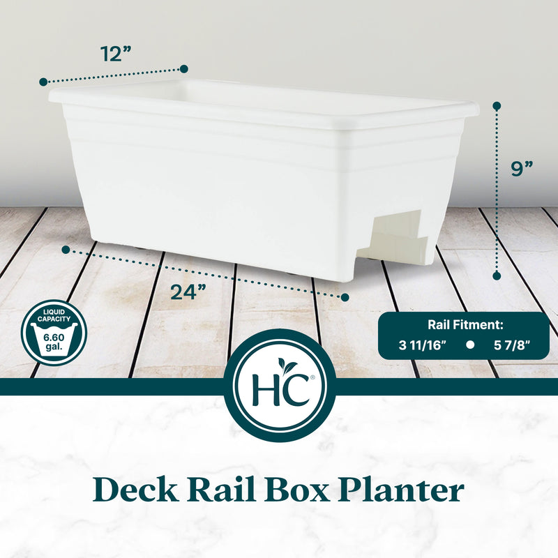 HC Companies Heavy Duty 24 Inch Deck Rail Box Planter with Drainage Holes, White