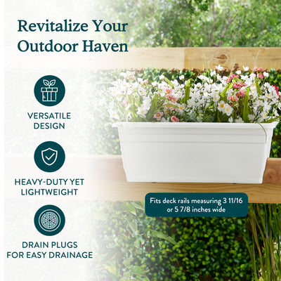 HC Companies Heavy Duty 24 Inch Deck Rail Box Planter with Drainage Holes, White