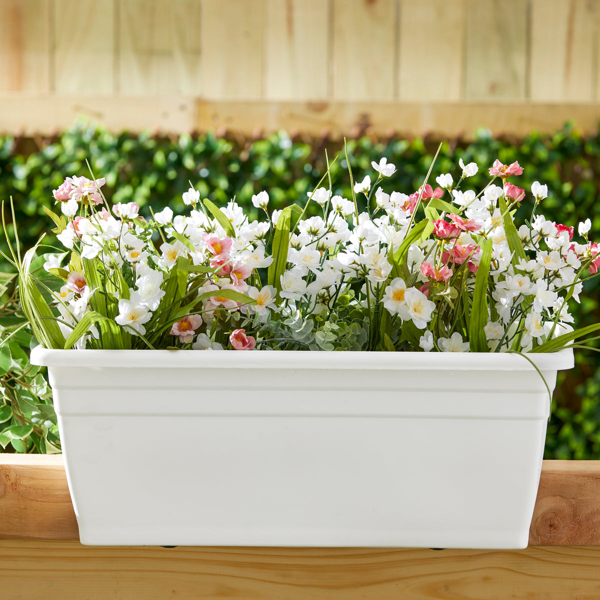 HC Companies heavy duty 24-Inch Width Deck Rail Box Planter, White w/ plugs