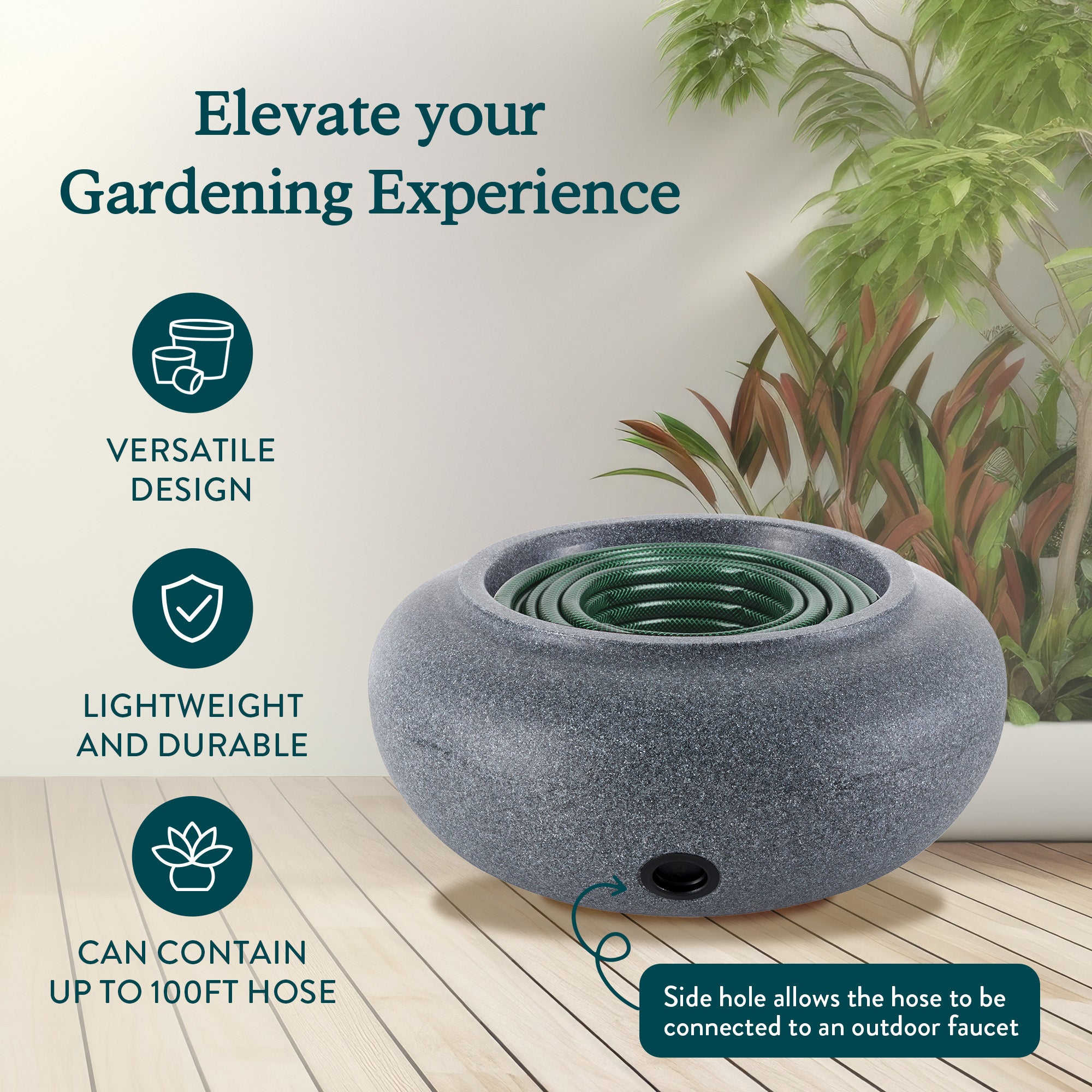 HC Companies 21" Decorative Plastic Garden Hose Storage Pot, Granite (Open Box) - VMInnovations