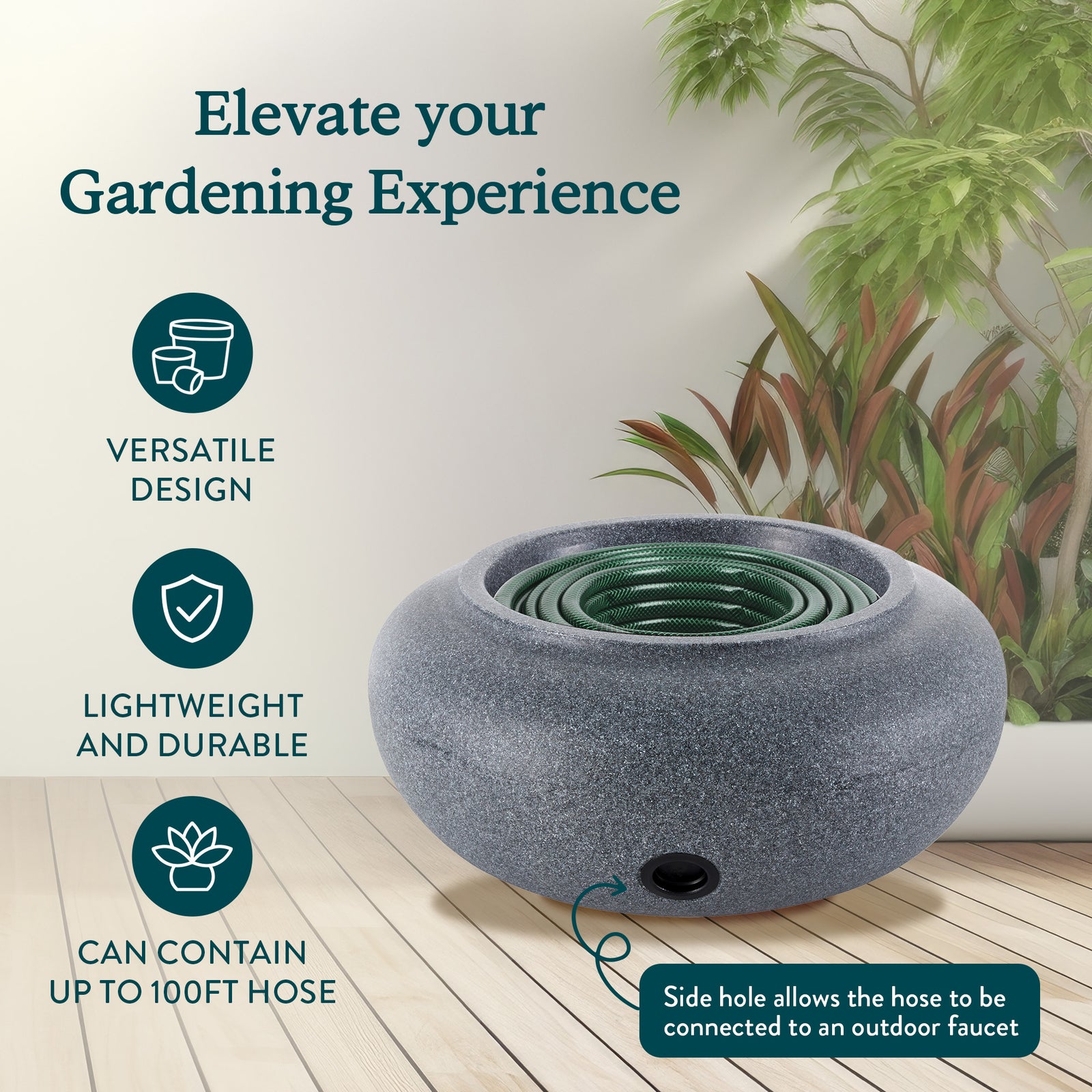HC Companies 21" Decorative Plastic Outdoor Garden Hose Storage Pot, Granite - VMInnovations