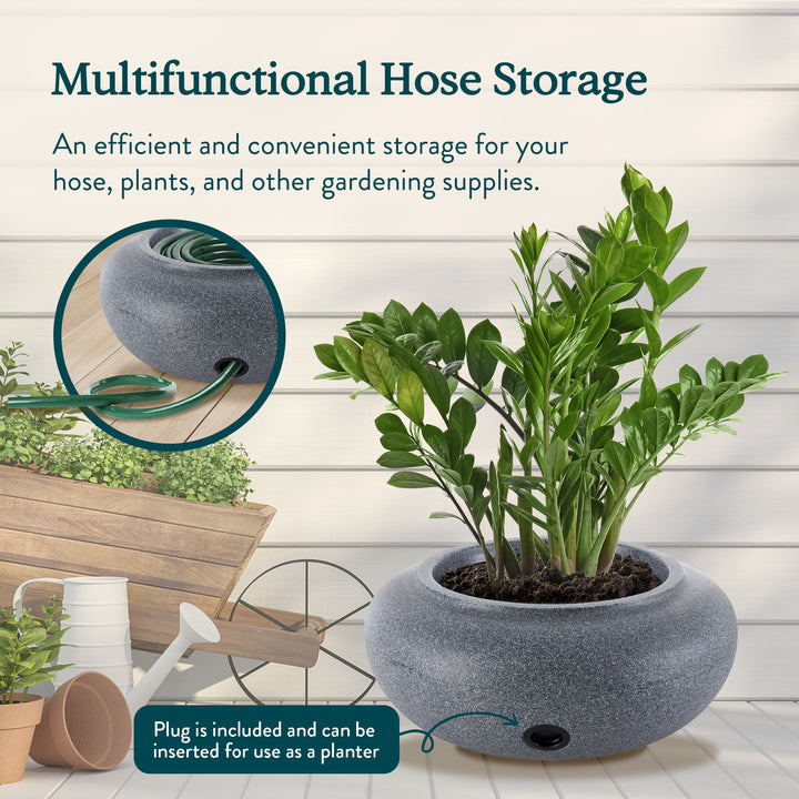 HC Companies 21" Decorative Plastic Outdoor Garden Hose Storage Pot, Granite