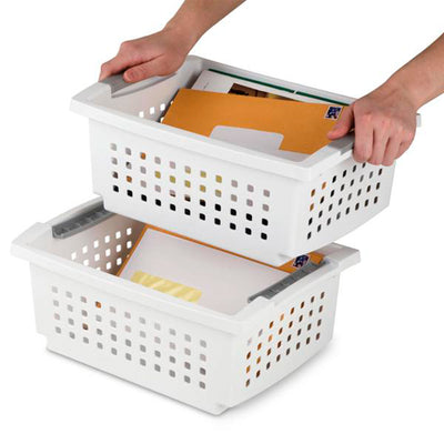 Sterilite Medium Plastic Stackable Storage Organizer Basket Bin, White (10 Pack) - VMInnovations