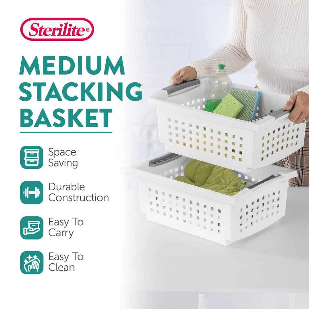 Sterilite Medium Plastic Stackable Storage Organizer Basket Bin, White (10 Pack) - VMInnovations