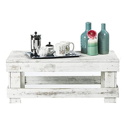 del Hutson Designs Natural Barnwood Rustic Farmhouse End/Coffee Table, White