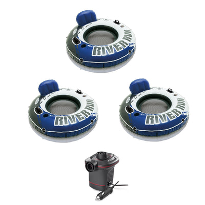 Intex River Run 1 Person Floating Tube (3 Pack) and 12 Volt  Electric Air Pump