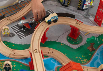 KidKraft Waterfall Junction 112-Piece Train Set and Table with Bins (Open Box)