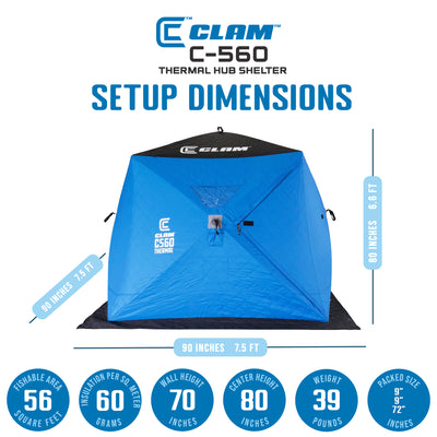 Clam C-560 Thermal 7.5 Foot Pop Up Ice Fishing Angler Hub Shelter, Blue (Used) - VMInnovations