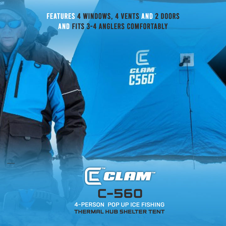 CLAM C-560 Portable 7.5 Ft 4 Person Pop Up Ice Fishing Thermal Hub Shelter Tent