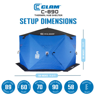 Clam C-890 Portable 11.5 Foot Pop Up Ice Fishing Angler Hub Shelter, Blue (Used) - VMInnovations
