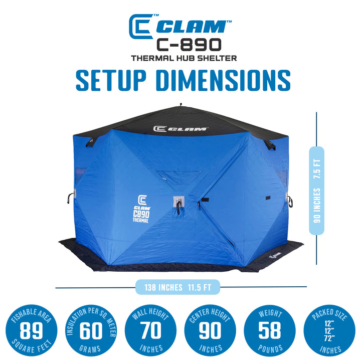 Clam 14478 C-890 12 Foot Pop Up Ice Fishing Angler Hub Shelter, Blue (Open Box)