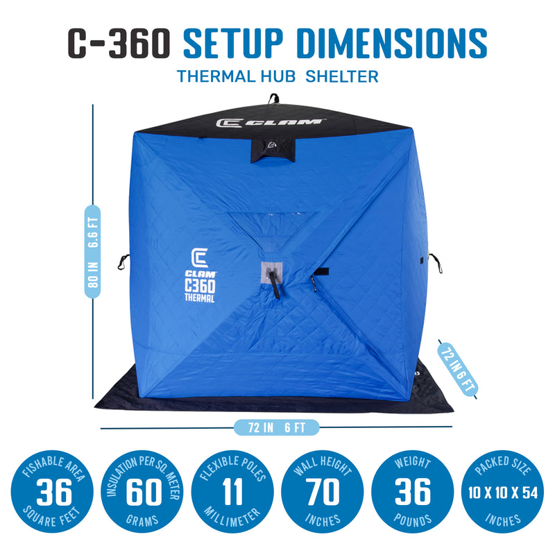 Clam 14475 C-360 6 Foot Pop Up Ice Fishing Thermal Hub Shelter Tent (Open Box)