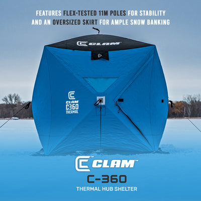 CLAM C-360 Portable 6 Ft 3 Person Pop Up Ice Fishing Thermal Hub Shelter Tent - VMInnovations
